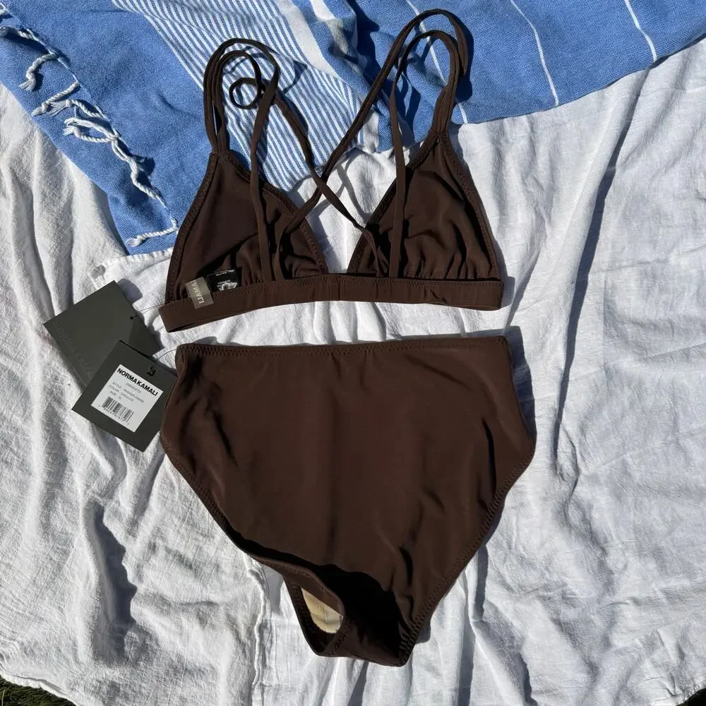 Norma Kamali Bikini Size XL Set Brown Jog Bra & High Waist Full Coverage Bottoms